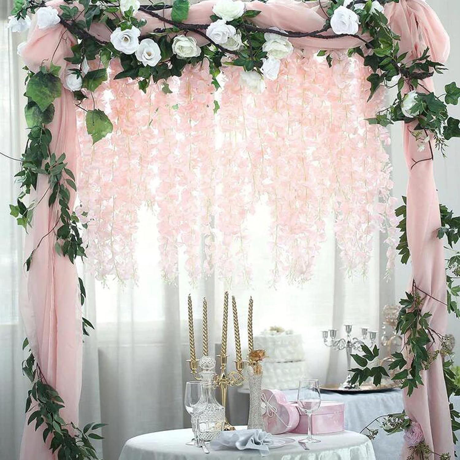 108pcs Artificial Wisteria Flowers 3.6 Feet/Piece Pink Dense Artificial Fake Wisteria Vine Ratta Hanging Garland Silk Flowers String Home Party Wedding Decor（Pink-Dense）
