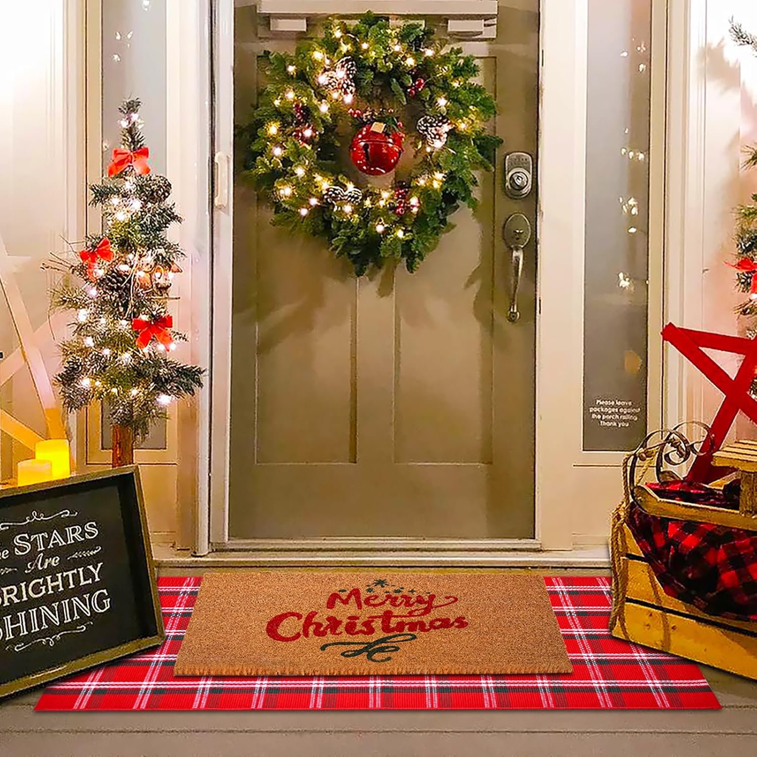Christmas Red Green White Plaid Rug, 24"x 51" Cotton Hand-Woven Buffalo Check Layered Door Mat for Front Porch, Entryway, Outdoor Holiday Decor, Washable Farmhouse Rug for Home, Patio, Kitchen