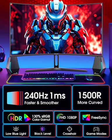 SANSUI 27 Inch Curved 240Hz Gaming Monitor FHD 1080P, 1500R Curve Computer Monitor, 130% sRGB, 4000:1 Contrast, HDR, FreeSync, MPRT 1Ms, Low Blue Light, HDMI DP Ports, Metal Stand, Cable Incl.