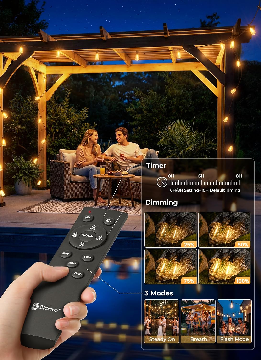 Brightown 202FT Solar String Lights Outdoor Waterproof, 26Hrs Runtime