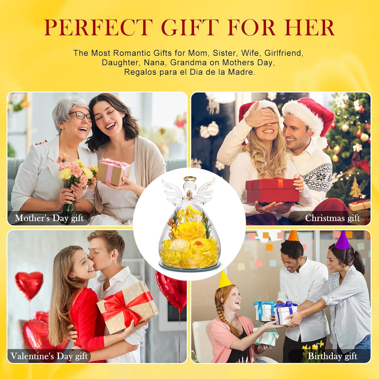 Gifts for Women Preserved Rose Forever Flower in Glass Angel Figurines Fresh Flowers for Delivery Prime Mothers Day Birthday Gifts for Mom Real Yellow Roses for Grandma Sister Wife Her from Daughter