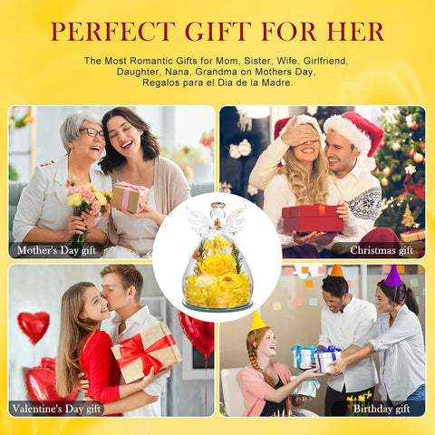 Gifts for Women Preserved Rose Forever Flower in Glass Angel Figurines Fresh Flowers for Delivery Prime Mothers Day Birthday Gifts for Mom Real Yellow Roses for Grandma Sister Wife Her from Daughter
