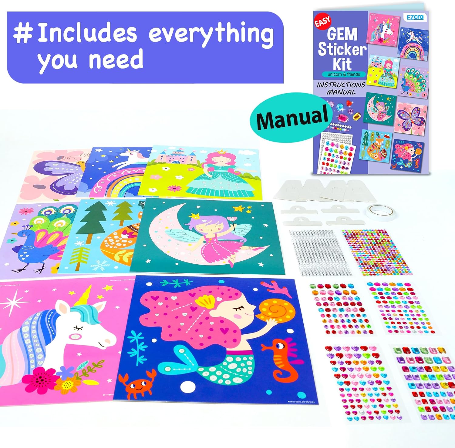 EZCRA Gem Sticker Kit for Kids - 990+ Stickers, 8 Unicorn Princess Themes