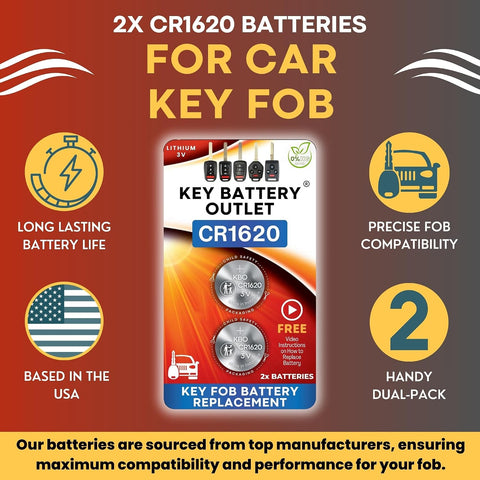 CR1620 Key Fob Battery Replacement (2 Pack) – Compatible with Key Fobs That Require CR1620 – Universal Fit – Video Installation Guide Included