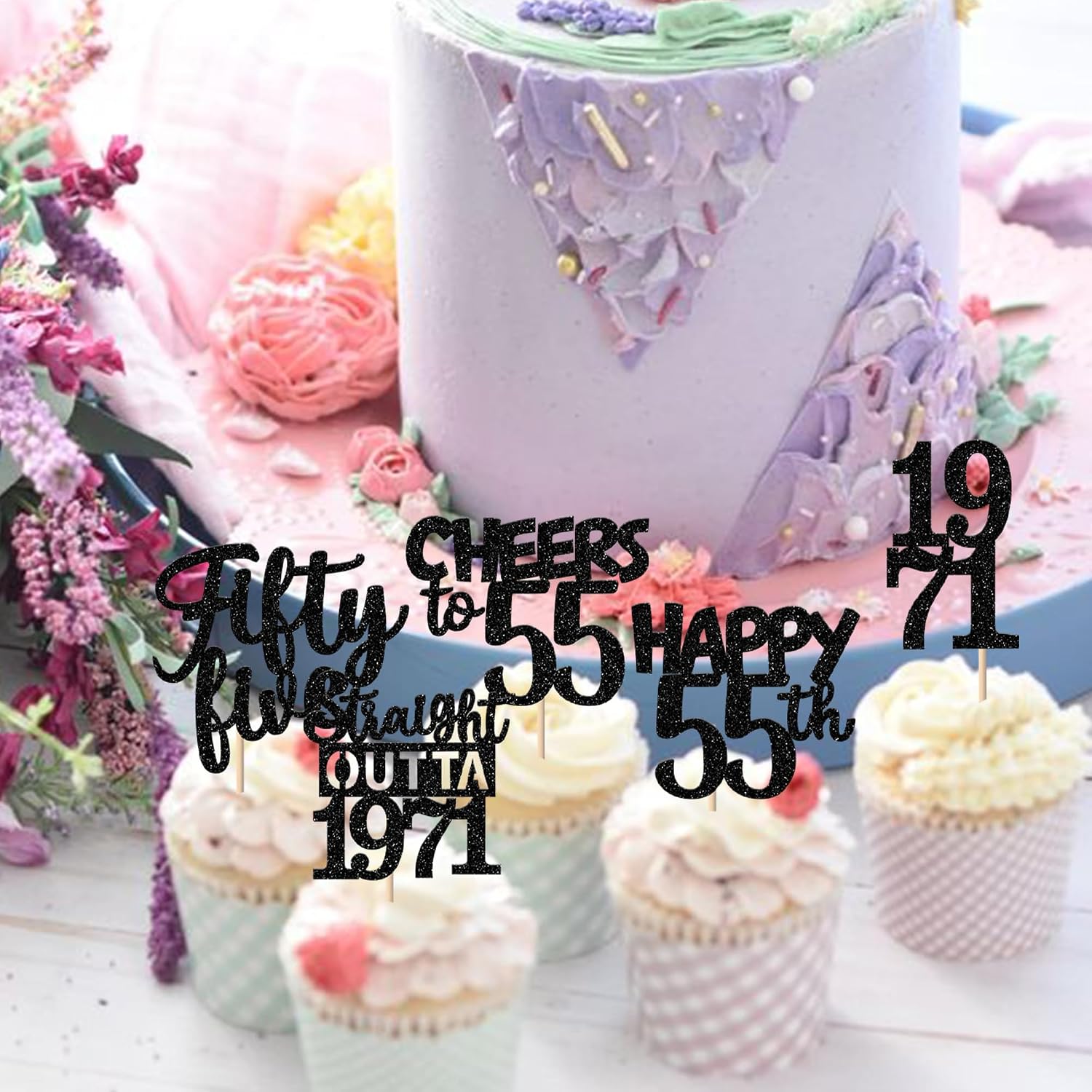 30PCS Black 55th Birthday Cupcake Toppers Glitter Fifty Five Happy 55 Straight Outta 1971 Cupcake Picks for Cheers to 55 Years 55th Birthday Anniversary Party Cake Decorations Supplies