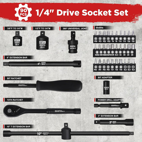 90PCS 1/4" Drive Impact Socket Set Metric 4-15mm and Standard SAE Size (5/32"-9/16"), with 72-Teeth Ratchet, Screwdriver Bit Set, Mechanics Tool Kit for Home Use and Automotive Repair