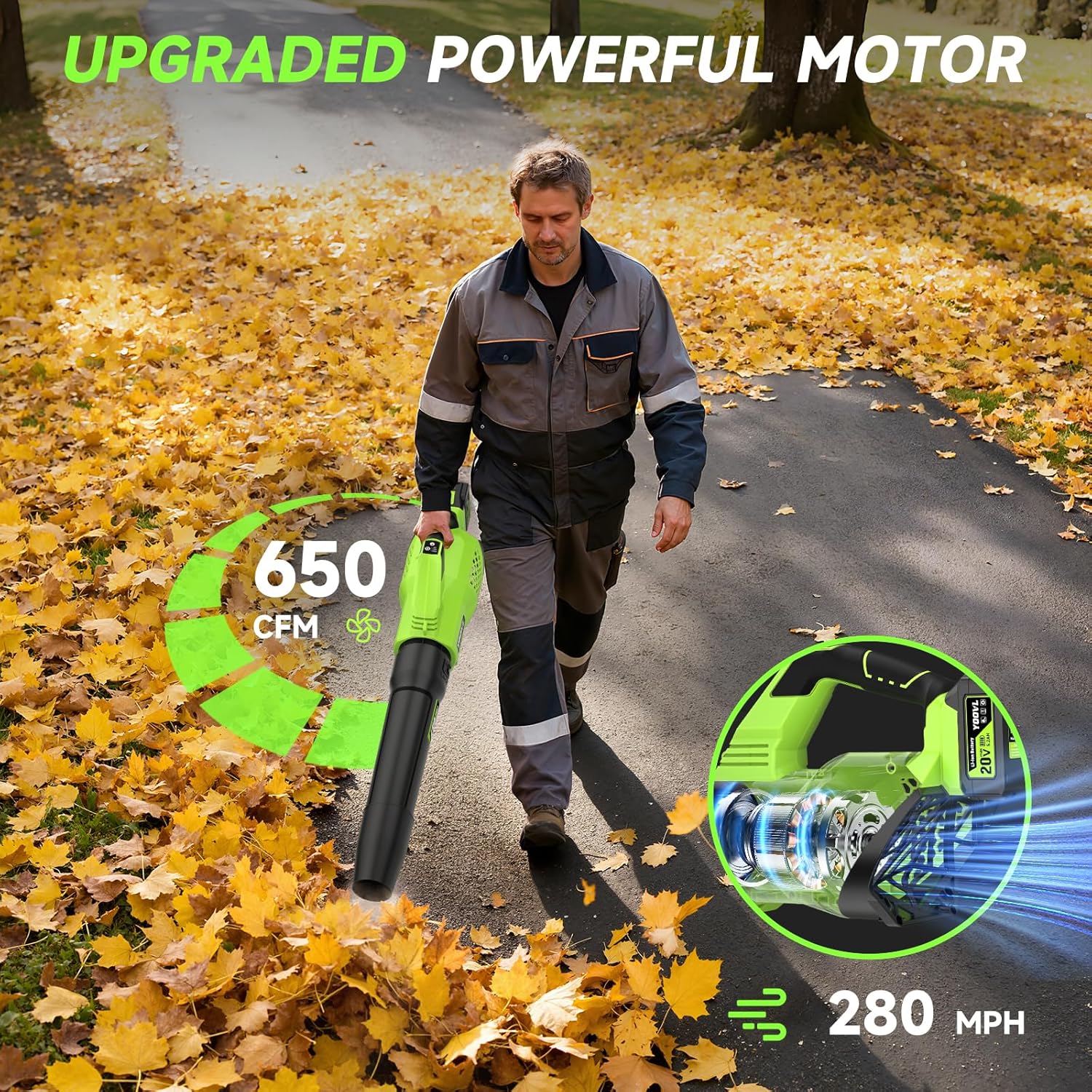 Leaf Blower Cordless, 650CFM Electric Leaf Blowers with 2 x 5.2Ah Batteries and Charger, 3 Speed Modes, 1 x Adjustable Shoulder Strap, Powerful Snow Blowers for Lawn Care, Patio, Dust, Blowing Leaves