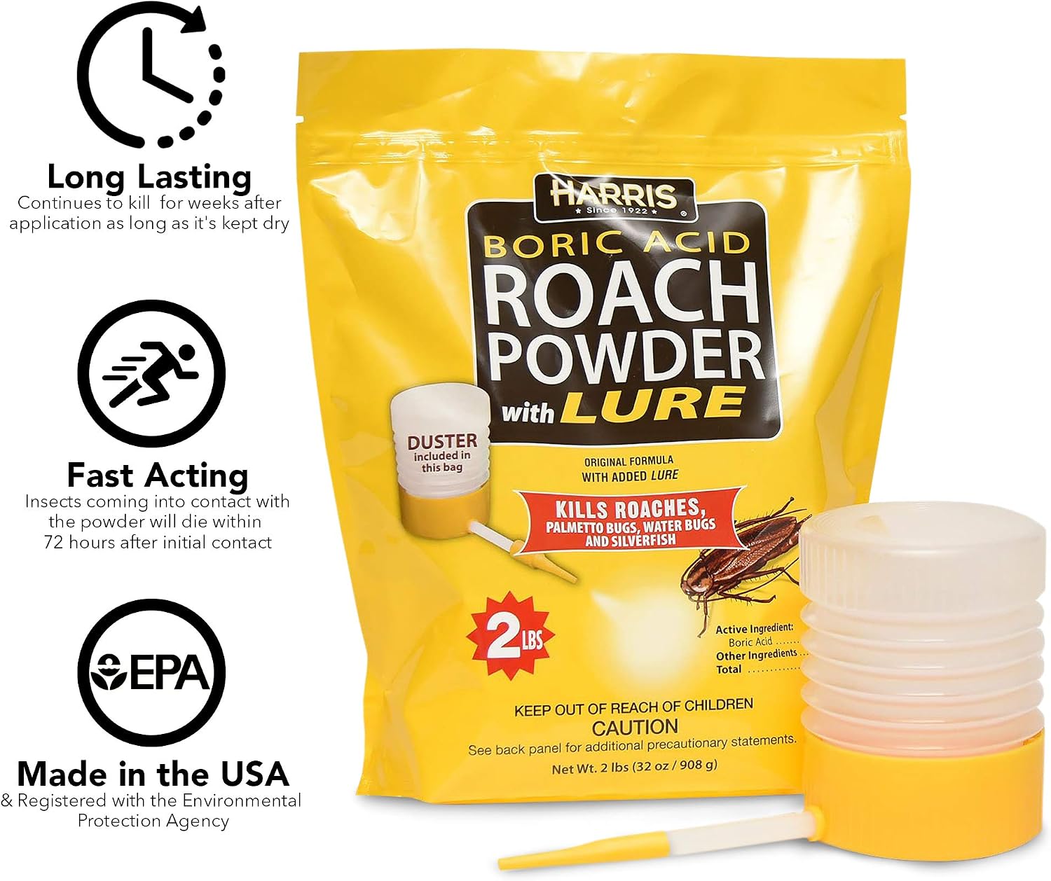 Harris Boric Acid Roach and Silverfish Killer Powder w/Lure, Powder Duster Included in The Bag (32oz)