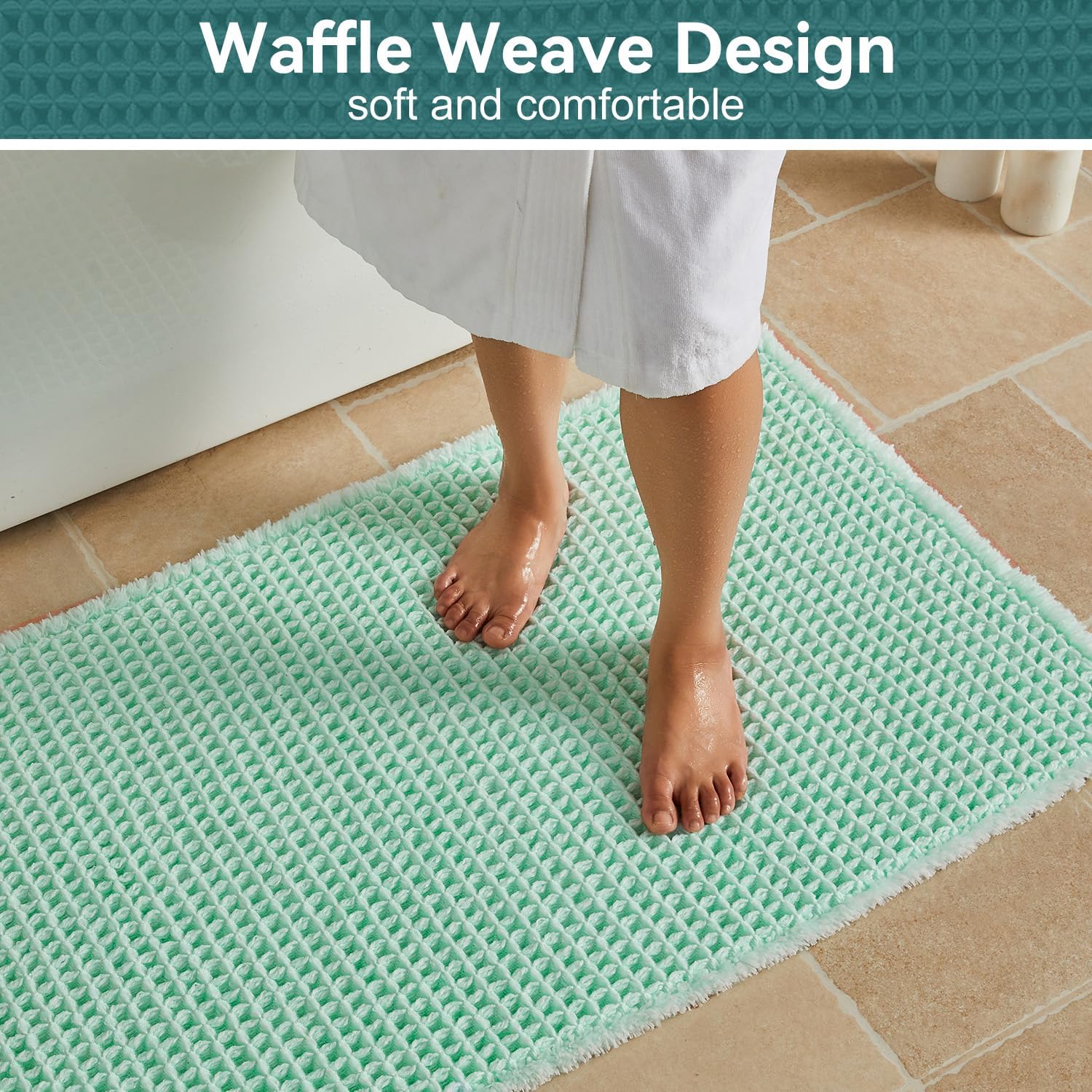 Triohero Waffle Bath Mat, Boho Bathroom Rugs Non Slip, 24x36 Sea Foam Blue