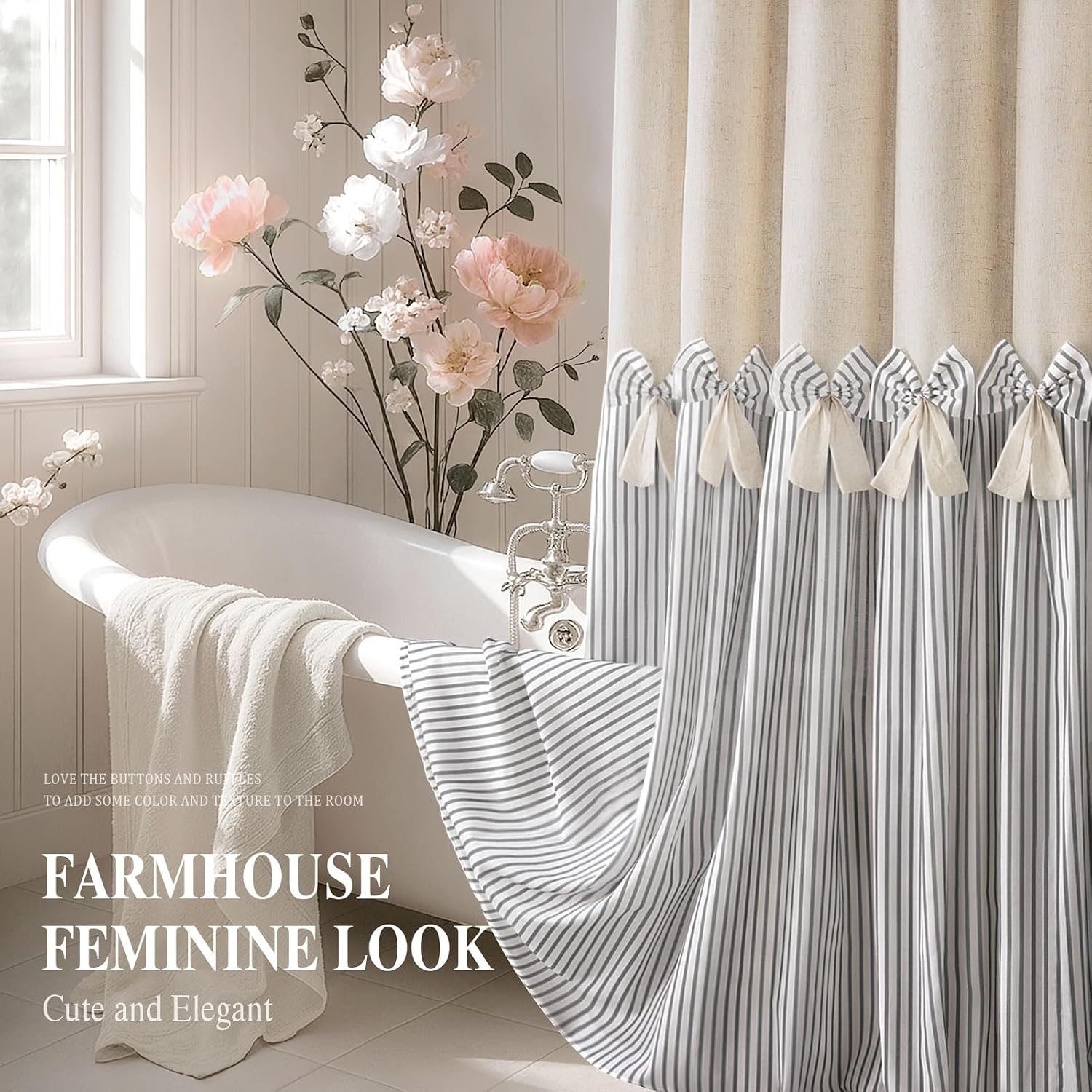 Farmhouse Shower Curtain Linen Bow Pleated Grey Stripe 72"W x 72"L