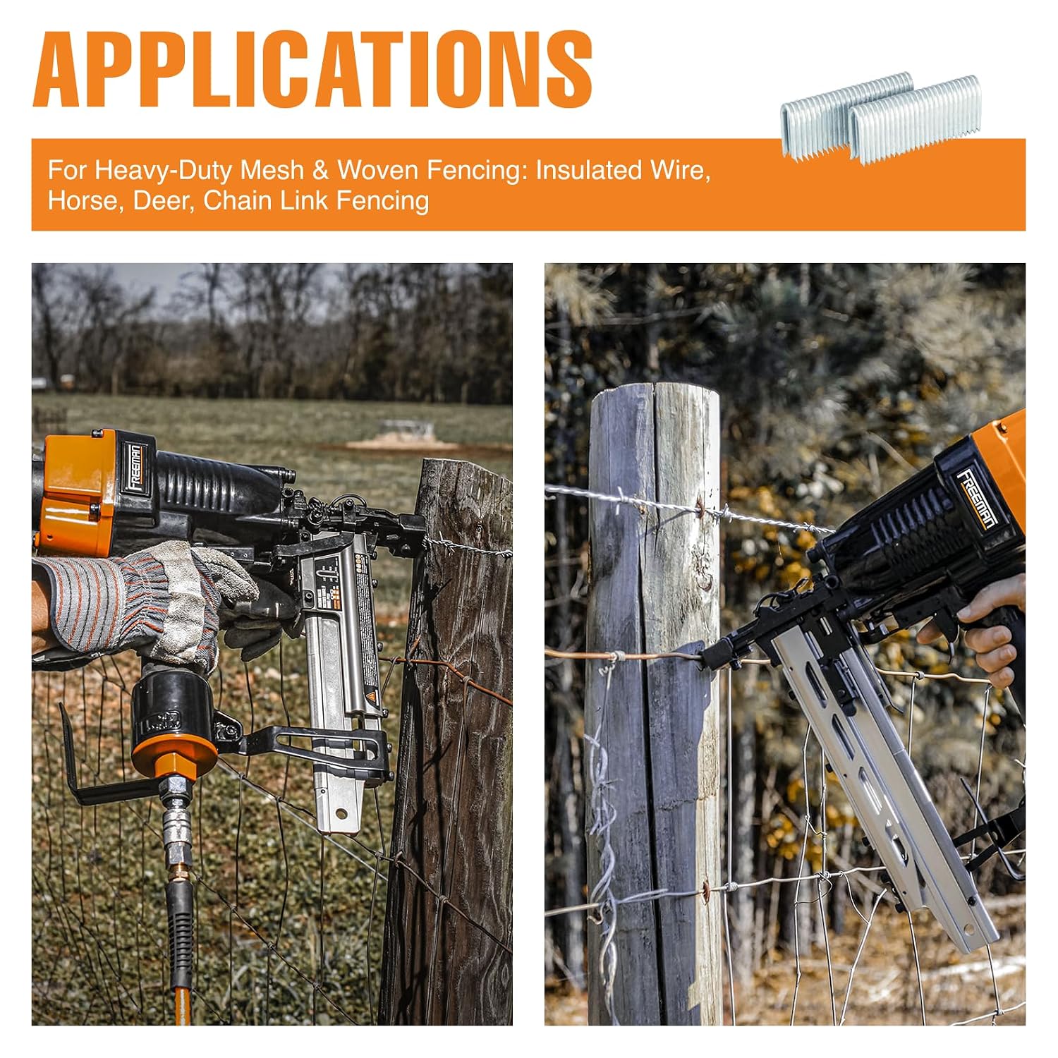 Freeman 9-Gauge Fencing Staples | 1-3/4" | Glue Collated | Galvanized Steel | 1000 Count | Indoor and Outdoor | Livestock Fences, Deer Prevention, Chain Link Fencing, and Farming | FS9G175