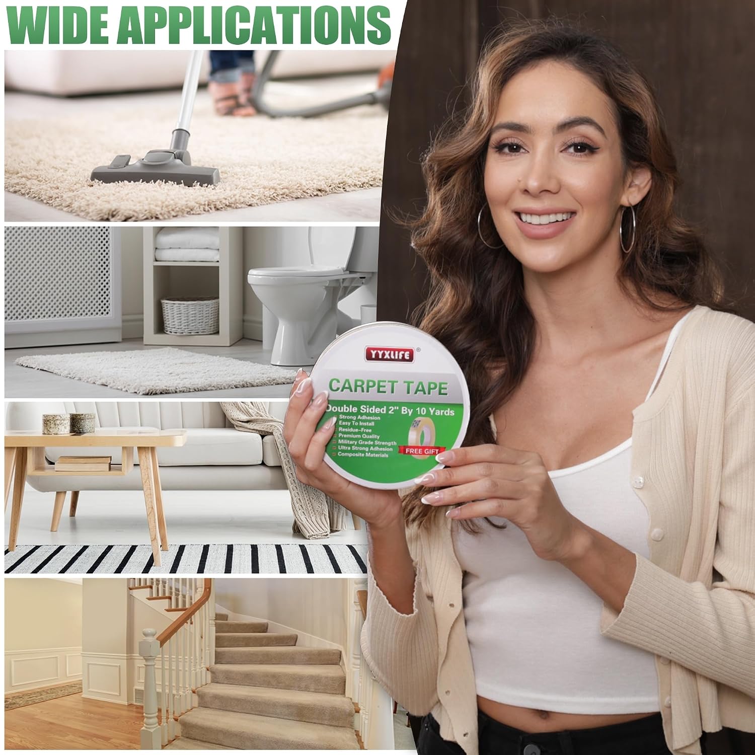 YYXLIFE Double Sided Carpet Tape for Area Rugs & Hardwood Floors, 2" x10YD