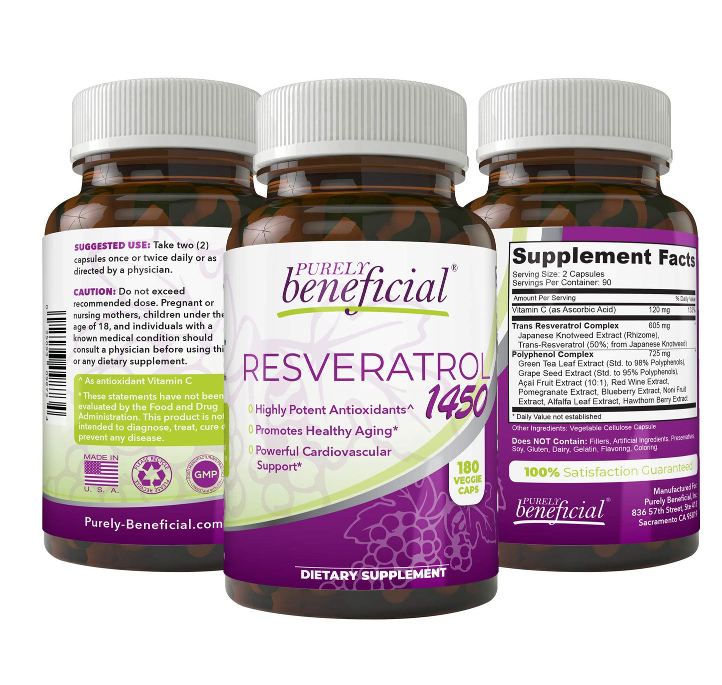 PURELY beneficial RESVERATROL1450-90day supply, 1450mg per Serving of Potent Antioxidants & Trans-Resveratrol, Promotes Anti-Aging, Cardiovascular Support, Maximum Benefits (1bottle)