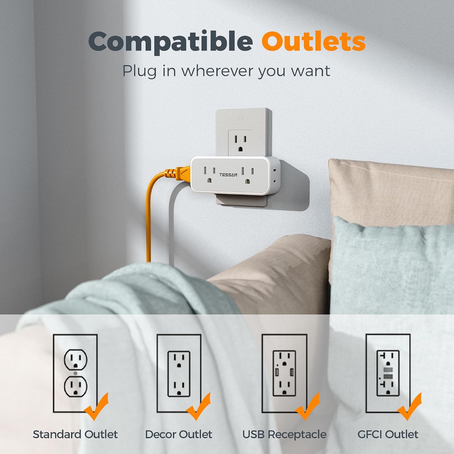 TESSAN Wall Outlet Extender, Multi Plug Mini Wall Expander, Grey