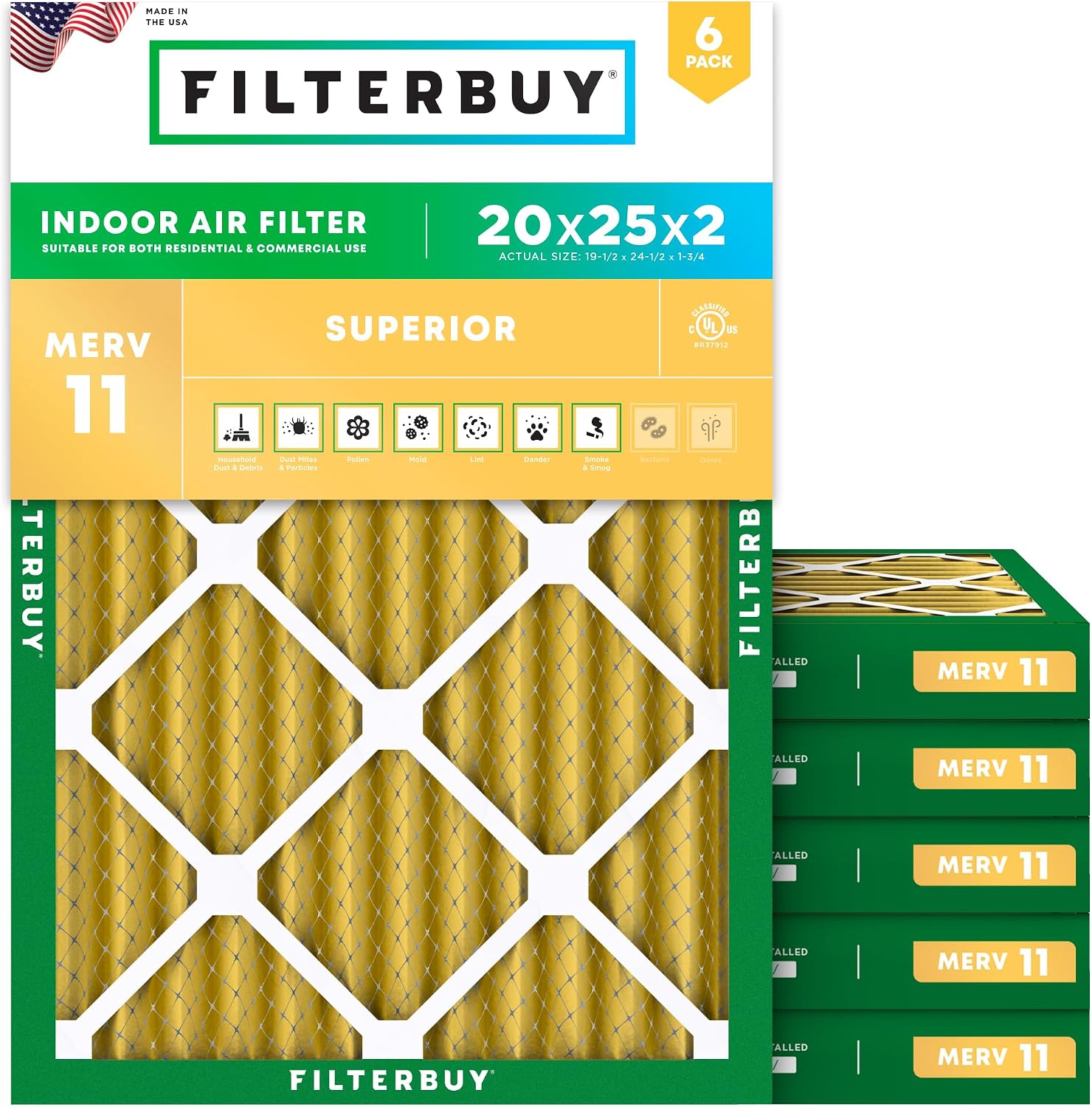 Filterbuy 20x25x2 Air Filter MERV 11 Pet & Allergy Defense (6-Pack)
