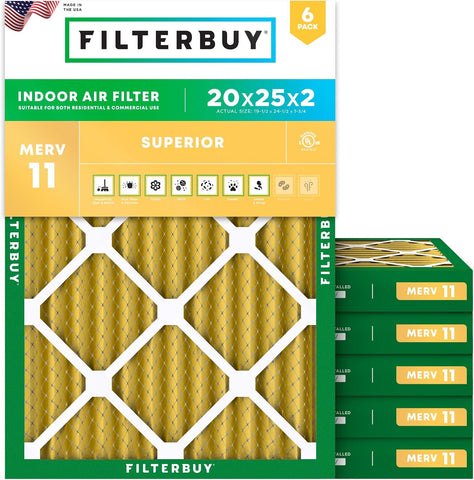 Filterbuy 20x25x2 Air Filter MERV 11 Pet & Allergy Defense (6-Pack)