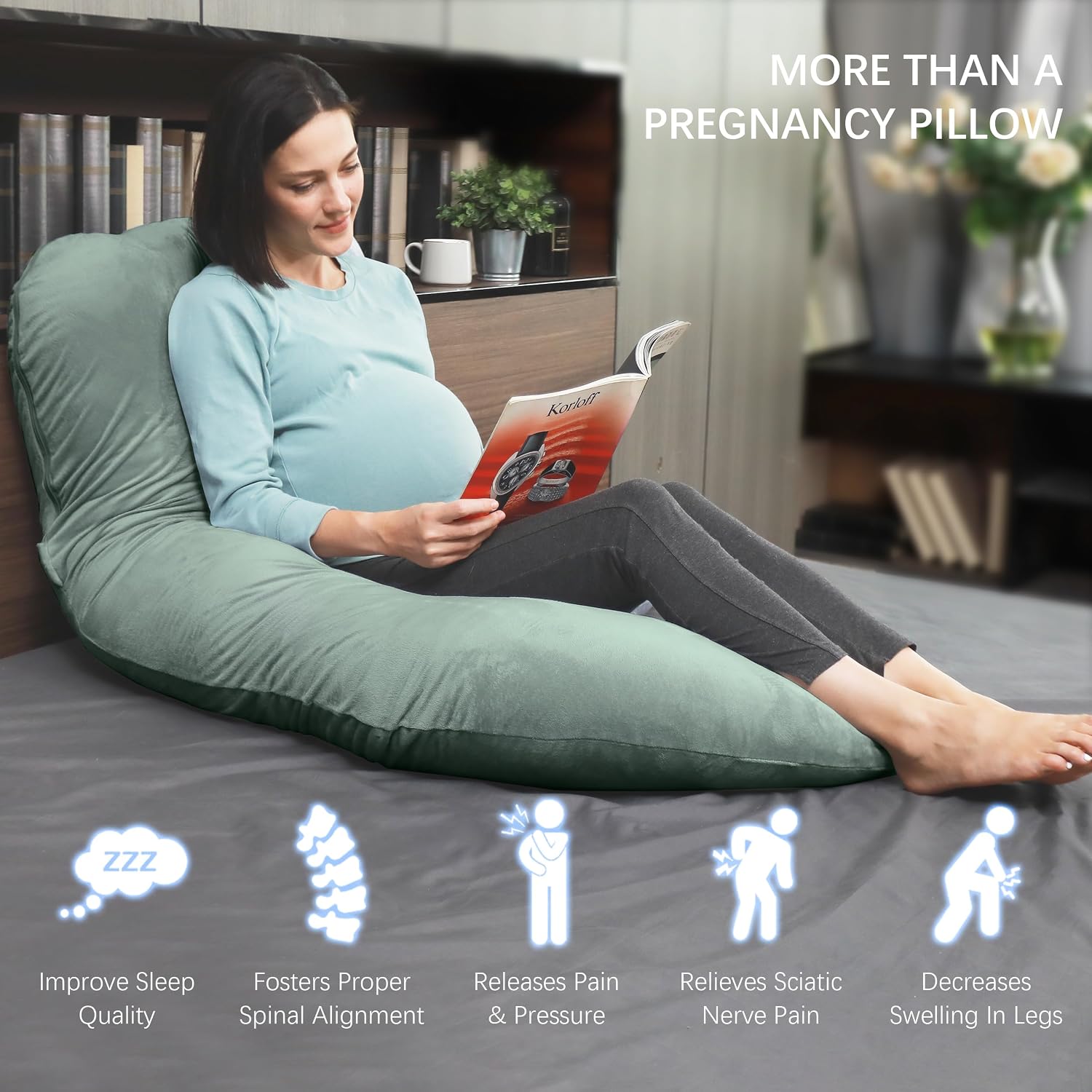 MOON PARK Pregnancy Pillows for Sleeping - U Shaped Full Body Maternity Pillow with Removable Cover - Support for Back, Legs, Belly, Hips - 57 Inch Pregnancy Pillow for Women - Green