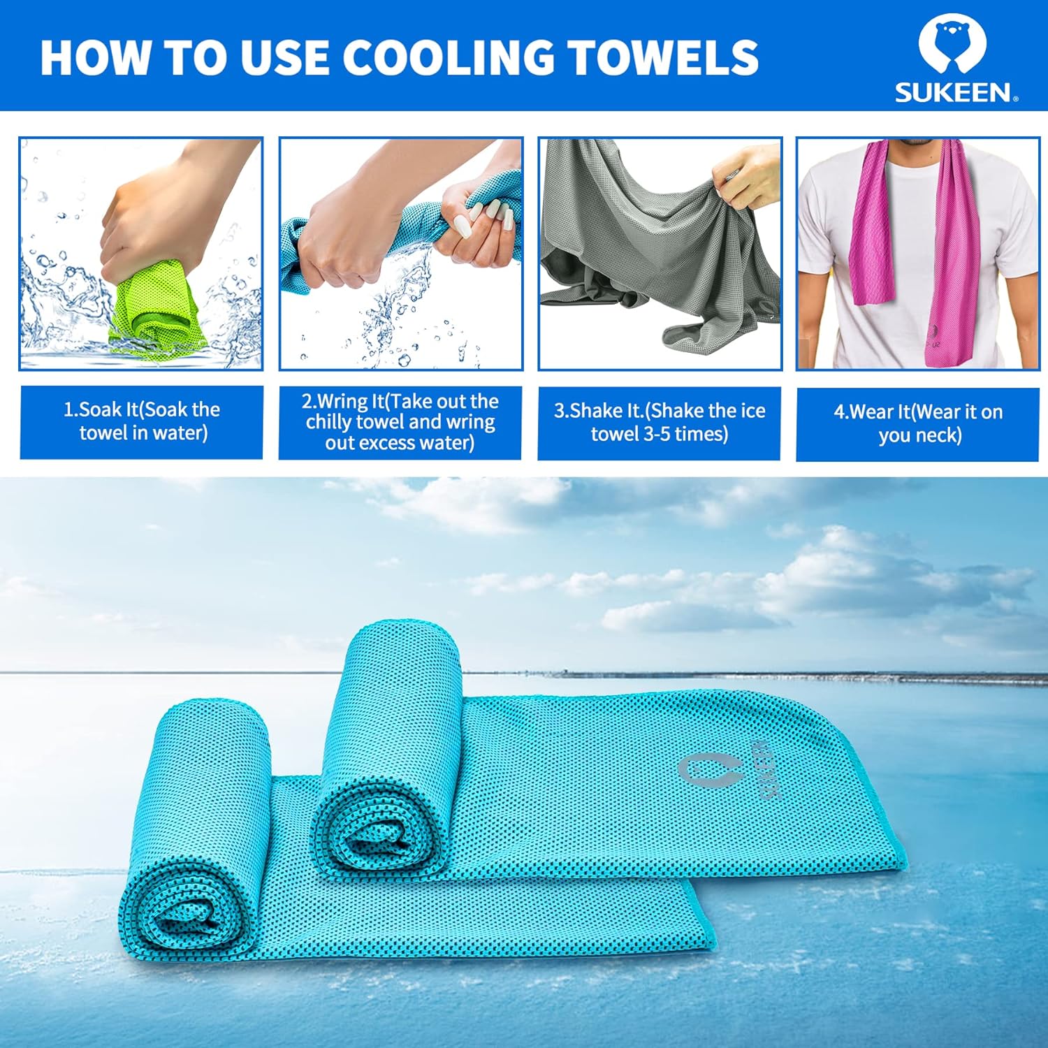 Sukeen 4 Pack Cooling Towels (40"x12") for Neck and Face Instant Cooling