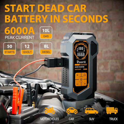 6000A Jump Starter with Air Compressor, 10-in-1 Car Jumper Starter Portable, 150PSI Tire Inflator/Air Pump, LED Flashlight for Up to 10.0L Gas / 8.0L Diesel Engines