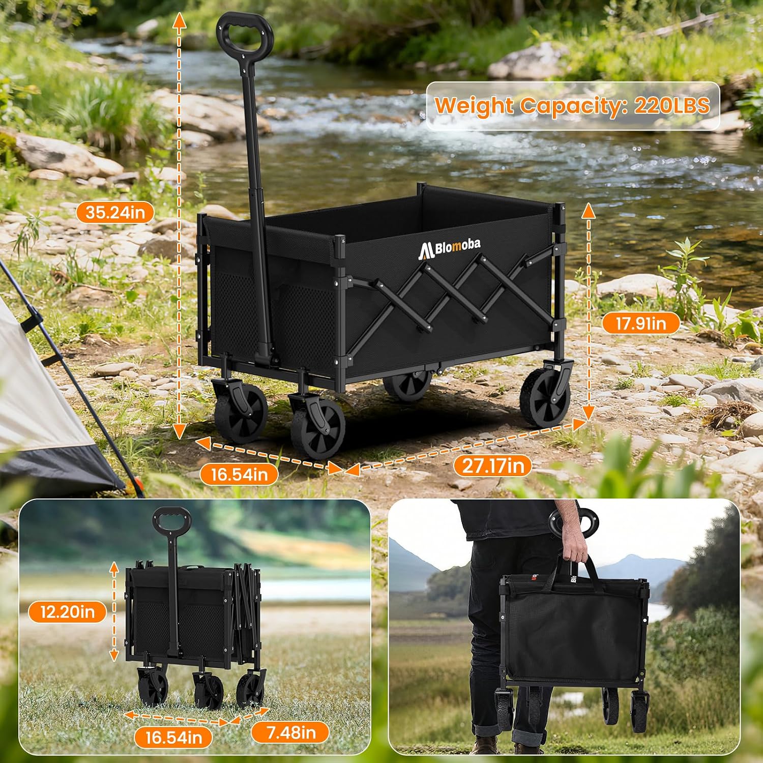 Blomoba Folding Wagon Cart with Wheels, 220lbs Utility Wagon Cart, Black