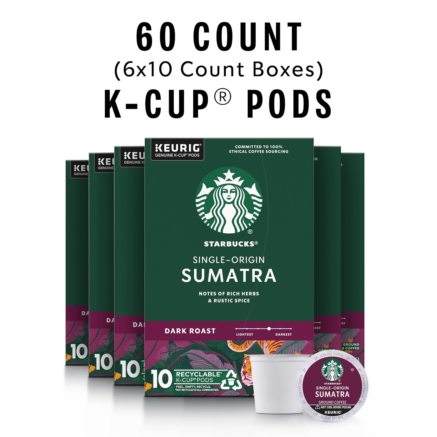Starbucks K-Cup Coffee Pods, Dark Roast Coffee, Sumatra for Keurig Brewers, 100% Arabica, 6 boxes (60 pods total) | 100% Arabica K-Cup pods for Keurig brewers; single-origin Sumatra dark roast; 6 boxes, 10 pods each (60 total)