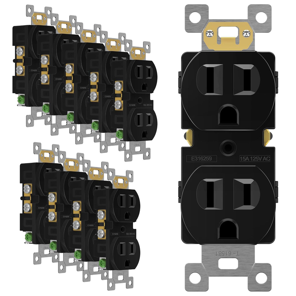 ENERLITES 10 Pack Duplex Wall Outlet, 15 Amp Electrical Receptacle, Black