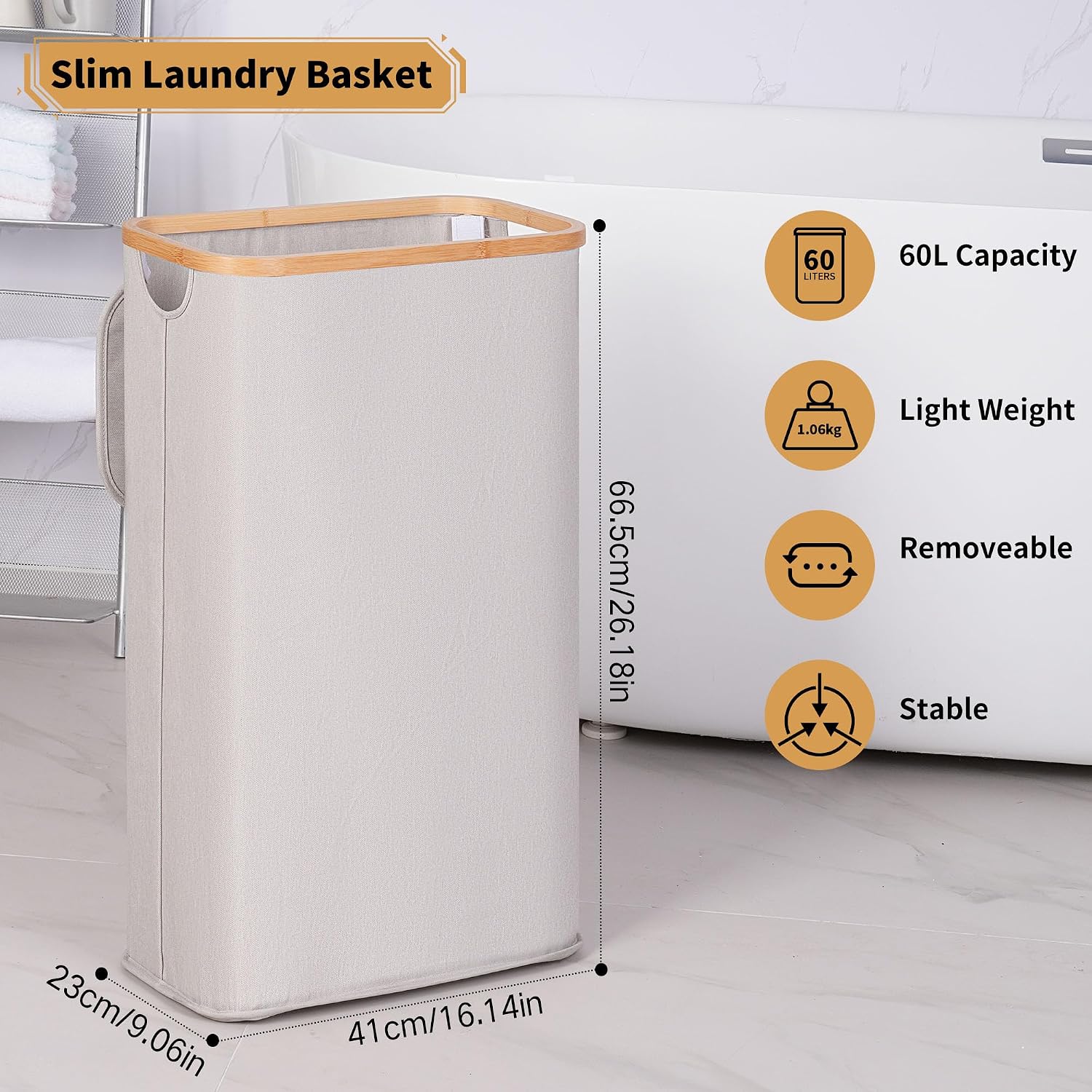 65L Slim Laundry Hamper, Narrow Laundry Basket with Lid,Foldable Clothes Hamper with Bamboo Handles,Hamper Basket with Removable Inner Bag for Laundry Room Bedroom College Dorm,17.17 Gals（Light Grey）