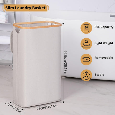 65L Slim Laundry Hamper, Narrow Laundry Basket with Lid,Foldable Clothes Hamper with Bamboo Handles,Hamper Basket with Removable Inner Bag for Laundry Room Bedroom College Dorm,17.17 Gals（Light Grey）
