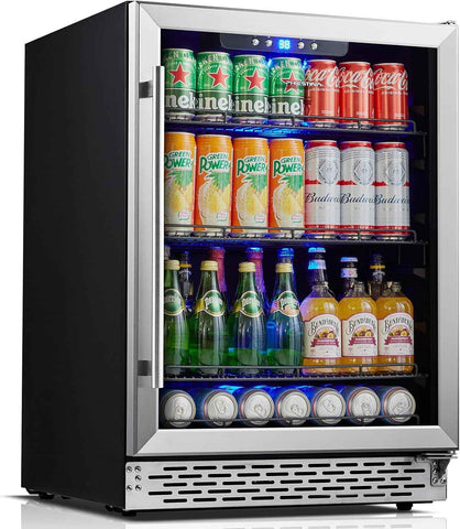 Phiestina Beverage Refrigerator 175 Cans Under Counter Beer Cooler 24 inch Quiet Built-in or Freestanding Beverage Fridge Glass Door Auto Defrost 5 Removable Shelves for Home Bar Office