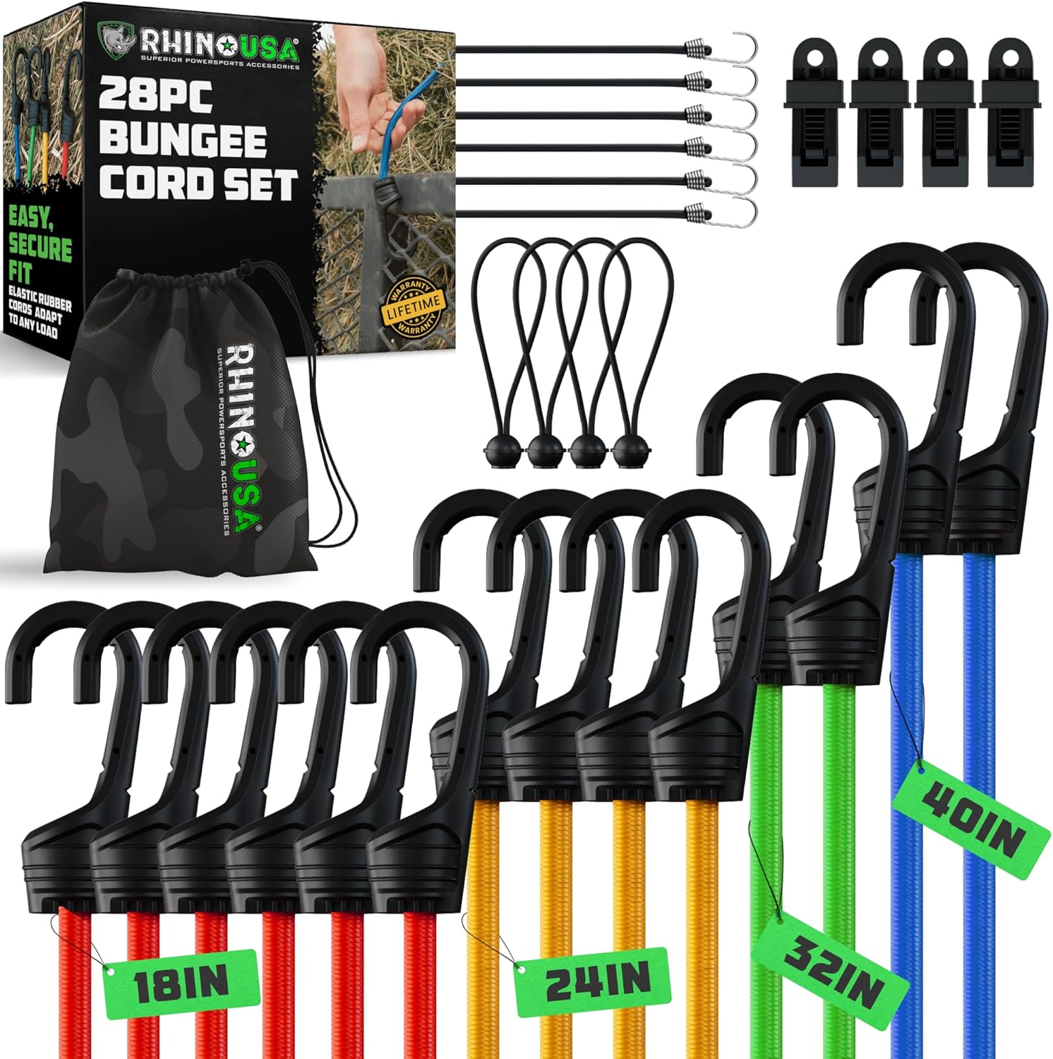Rhino USA Bungee Cords with Hooks (28-Piece) - Heavy Duty Outdoor Assorted