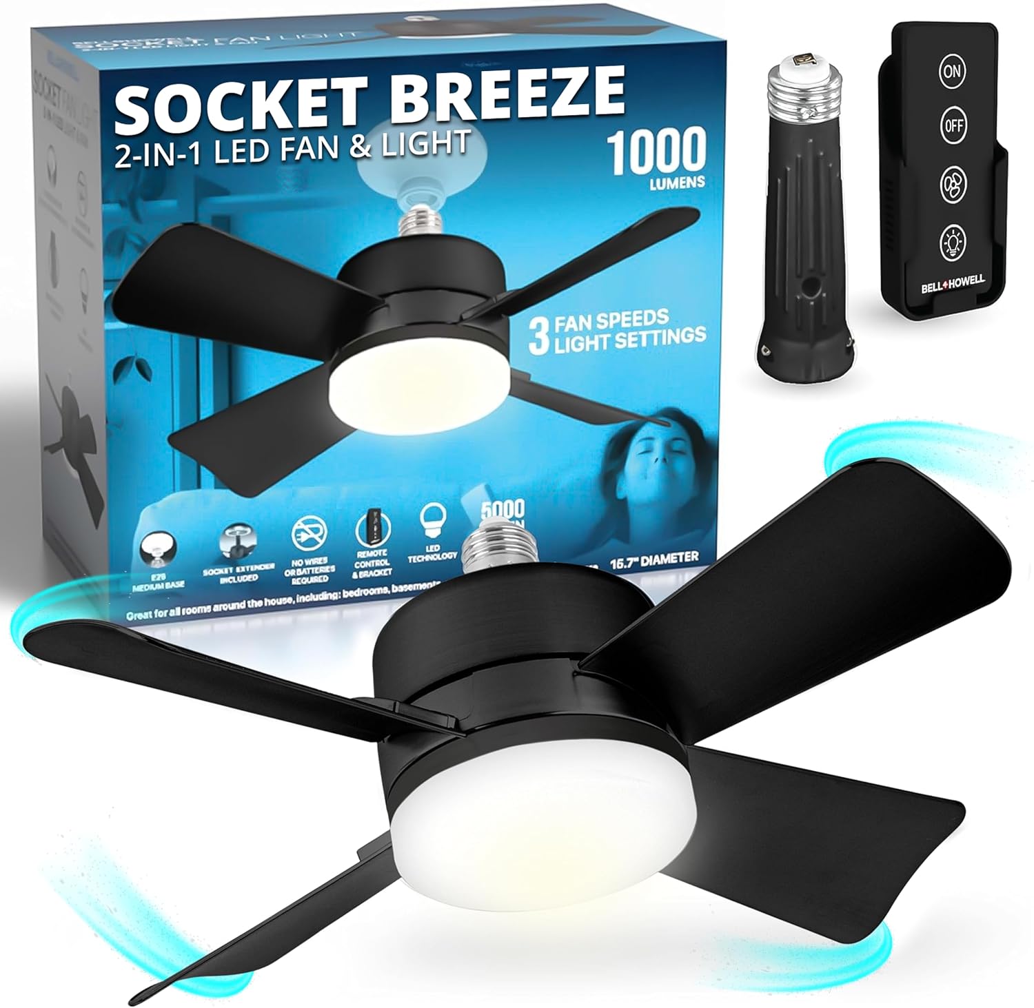 Bell+Howell Socket Breeze 15.4" Socket Fan Light with Remote