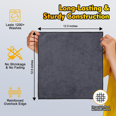 HOMEXCEL Microfiber Cleaning Cloth 12 Pack, 12.5 x 12.5 inch Microfiber Towels for Cars, Ultra Absorbent Washing Cloth, Lint Free Streak Free Cleaning Rags for Car, Kitchen, and Window (Grey)