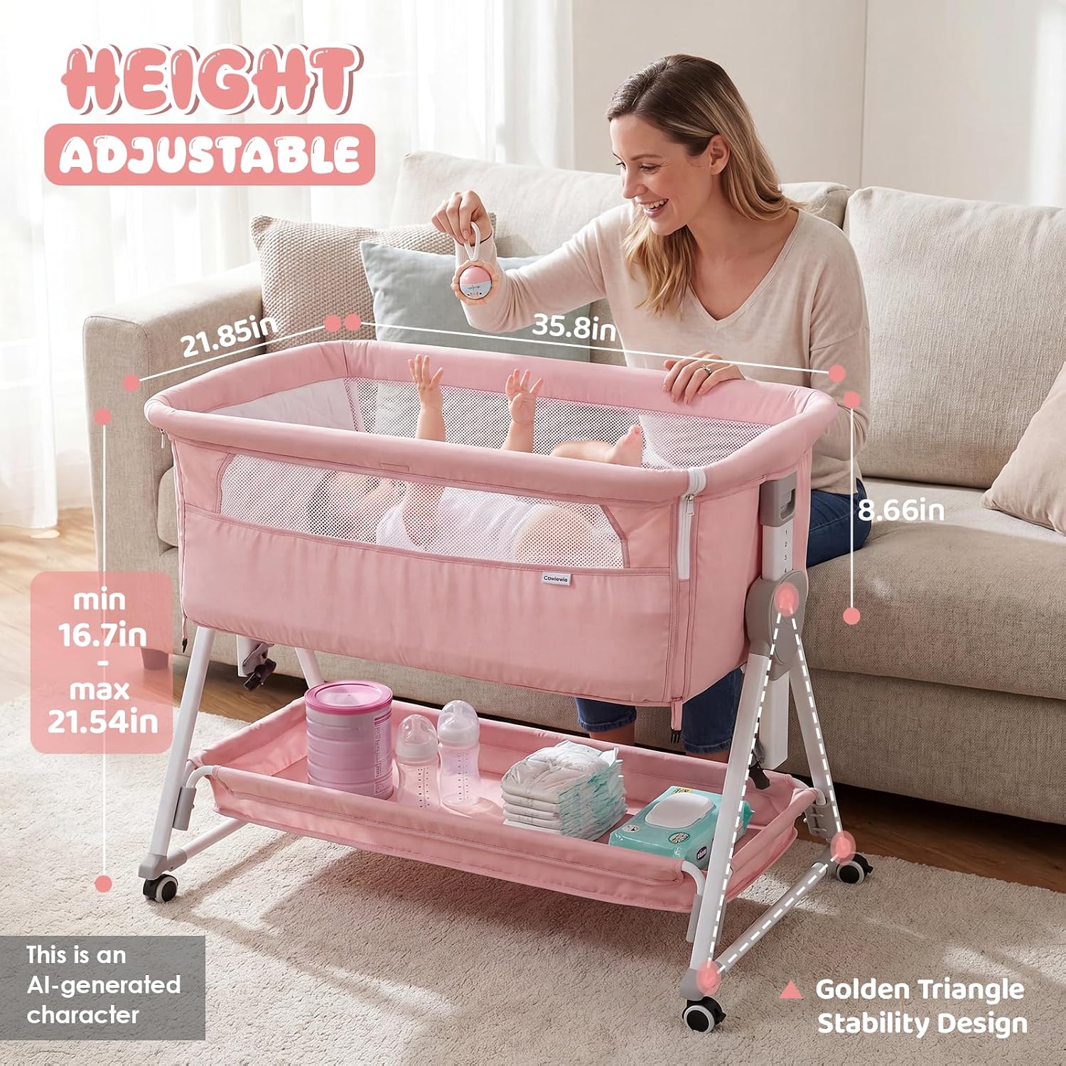 Cowiewie Bassinet Bedside Sleeper, Pink and White