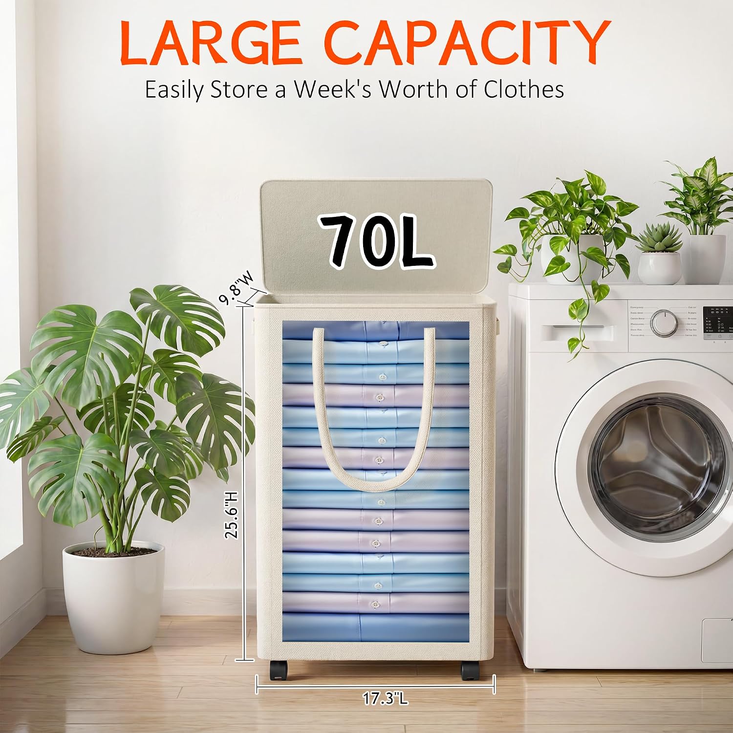 Slim Laundry Hamper with Wheels,18 Gal (70L) Rolling Laundry Basket with lid and wheels Clothes Hamper Foldable Tall Dirty Clothes Basket Sturdy Collapsible Clothes Hamper for Dorm,Laundry Room