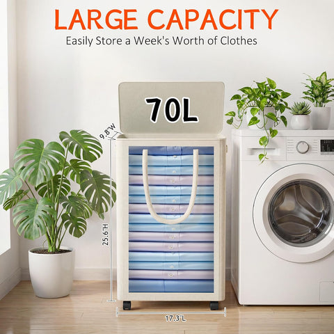 Slim Laundry Hamper with Wheels,18 Gal (70L) Rolling Laundry Basket with lid and wheels Clothes Hamper Foldable Tall Dirty Clothes Basket Sturdy Collapsible Clothes Hamper for Dorm,Laundry Room
