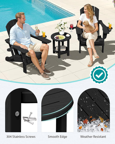 SERWALL Round Outdoor Side Table, HDPE Small Adirondack End Table, Black