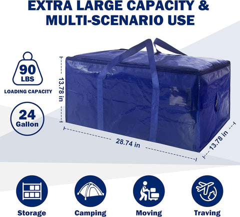 8 Pack Extra Heavy Duty Large Moving Bags with Strong Zipper & Carrying Handles, Sturdy Clothes Storage Bags Totes Bins, Packing Bag Move Boxes College Moving Supplies, Dark Blue - 24 gal