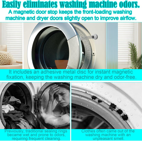 2pcs Front Load Washer Magnetic Door Prop with 4 Adhesive Metal Disks, Magnet Washing Machine Stopper Clip Door Holder Opener Keep Laundry Doors Open for Peculiar Smell Accessories