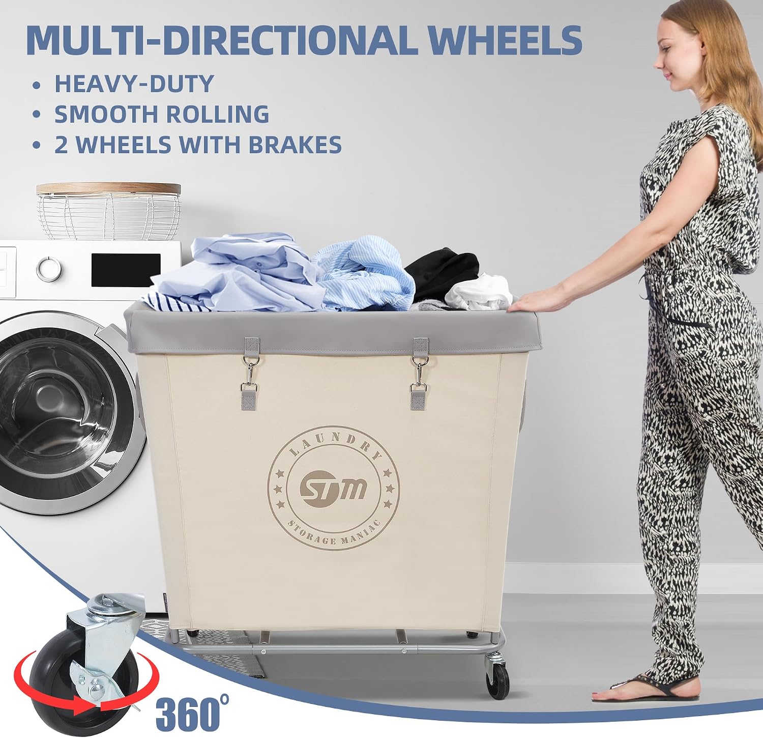 STORAGE MANIAC Commercial Laundry Hamper with Heavy Duty Steel Frame, 320 L Industrial Laundry Basket Cart with Wheels for Hotel, Home, Laundry Room, 31.7''L x 19.3''W x 30.91''H, Large Beige