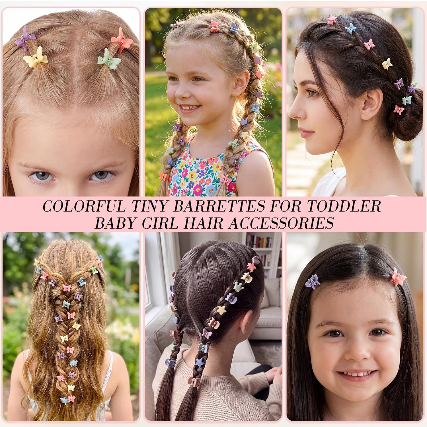 Obeoby 128 Pcs Mini Hair Claw Clips for Toddler Baby Girls Cute Accessories Little Butterfly Heart Star Crown Tiny Barrettes Holiday Birthday Gifts (4 Styles, 8 Colors)