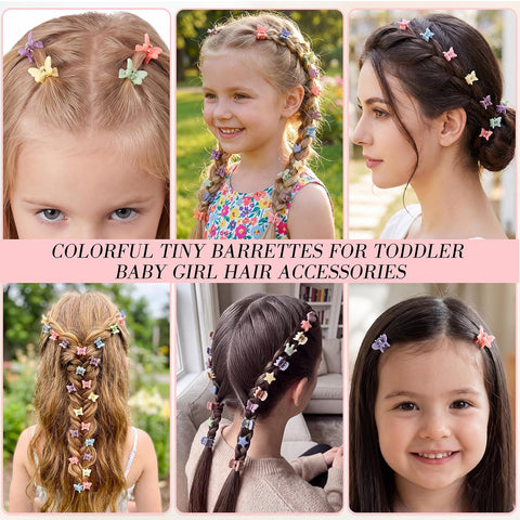 Obeoby 128 Pcs Mini Hair Claw Clips for Toddler Baby Girls Cute Accessories Little Butterfly Heart Star Crown Tiny Barrettes Holiday Birthday Gifts (4 Styles, 8 Colors)