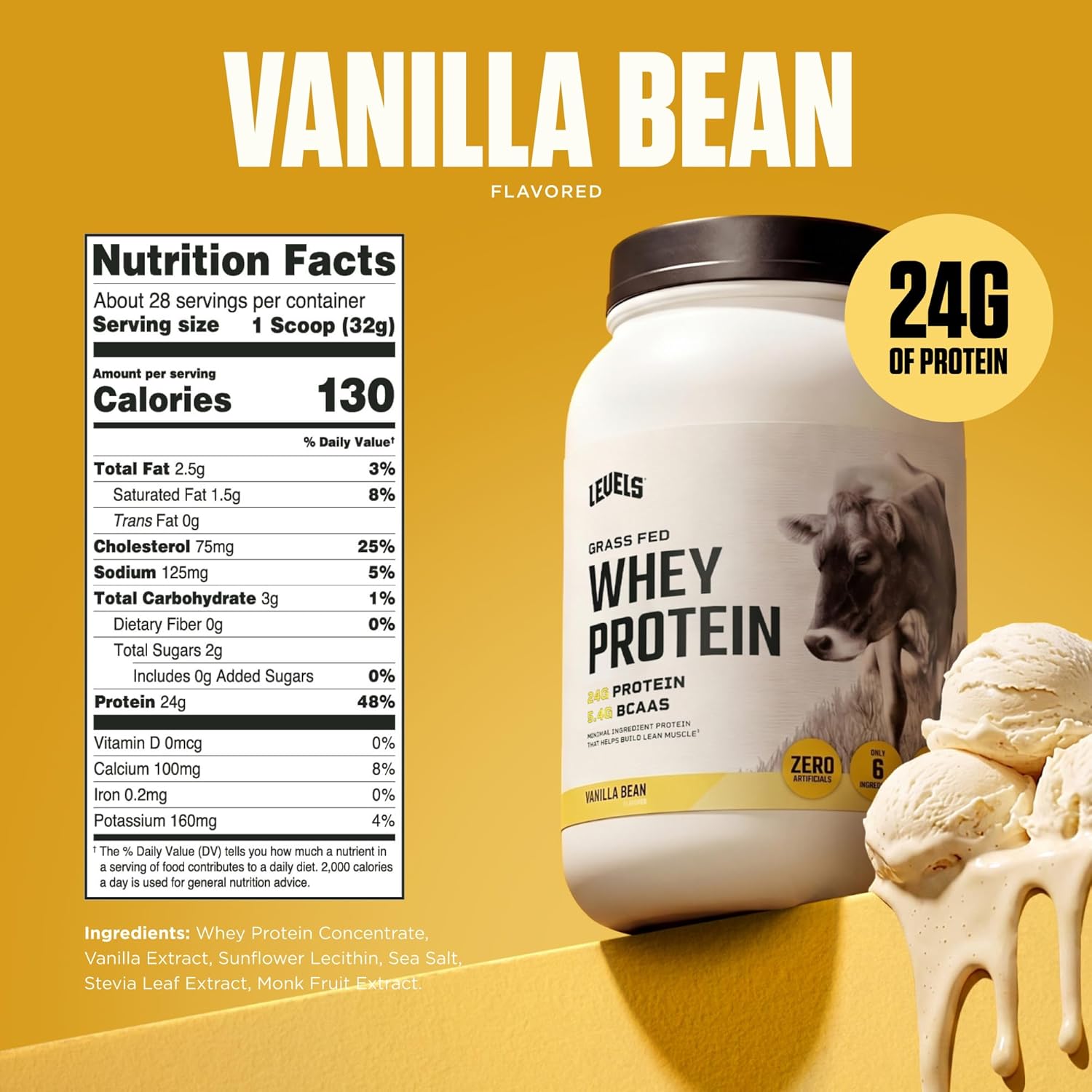 Levels Whey Protein Powder, No Artificial Ingredients, Vanilla Bean, 2LB