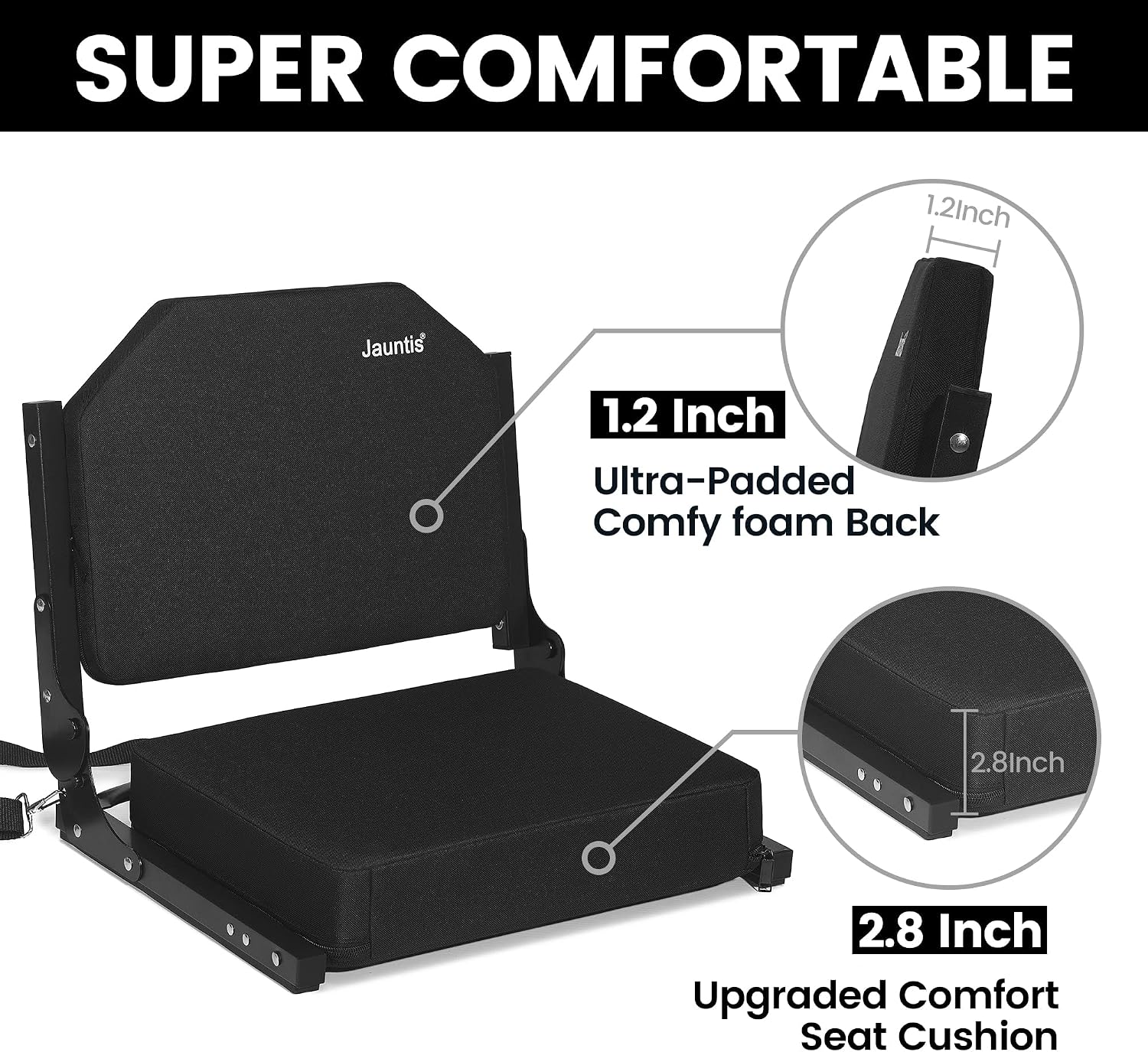 Jauntis Stadium Seats for Bleachers, Bleacher Seats with Ultra Padded Comfy Foam Backs and Cushion, Wide Portable Stadium Chairs with Back Support and Shoulder Strap, 2 Pack, Black