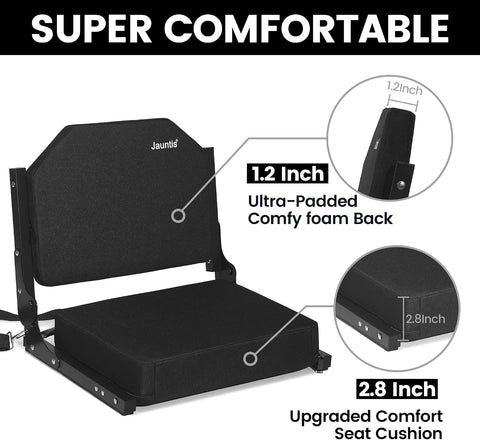 Jauntis Stadium Seats for Bleachers, Bleacher Seats with Ultra Padded Comfy Foam Backs and Cushion, Wide Portable Stadium Chairs with Back Support and Shoulder Strap, 2 Pack, Black