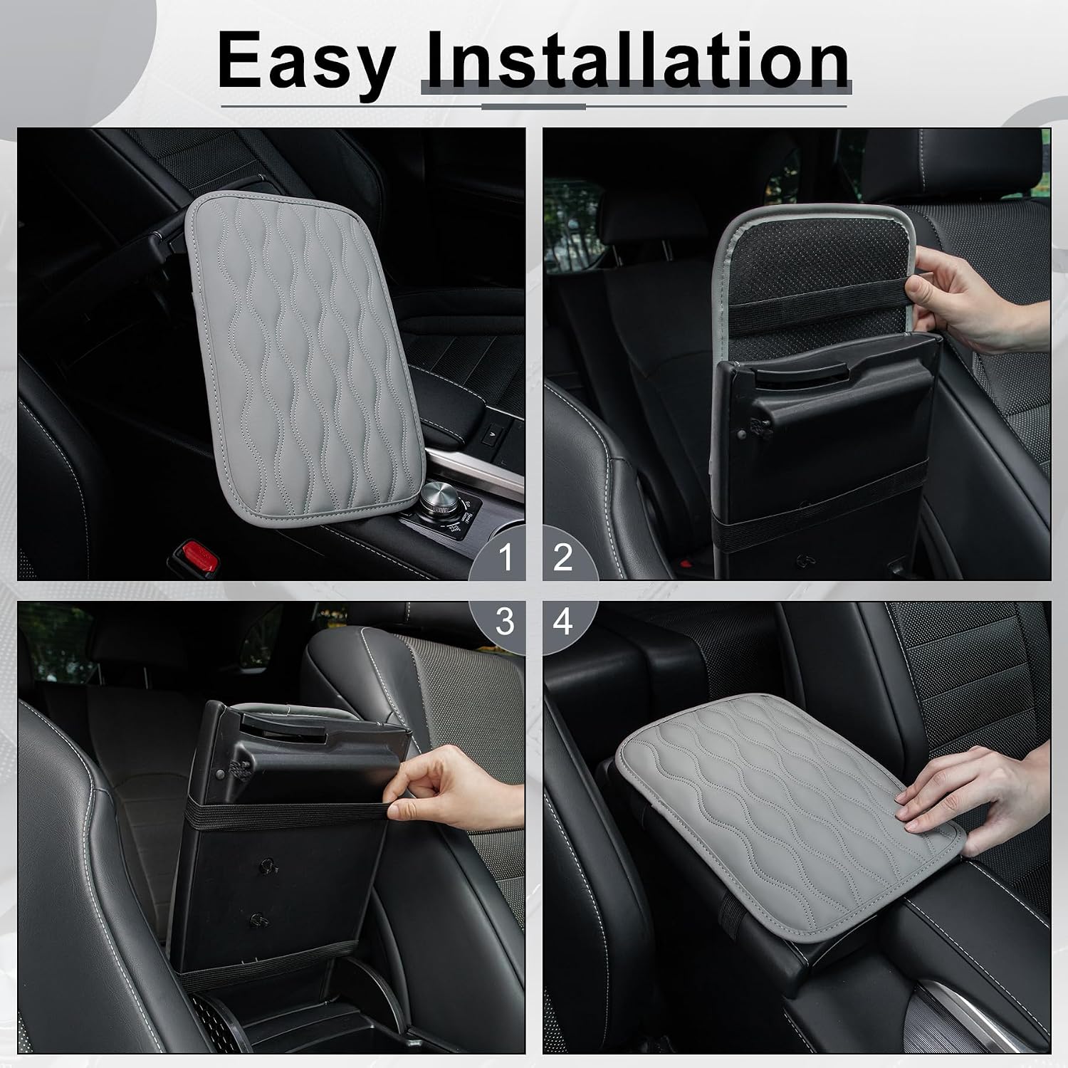 Amiss Car Center Console Cover, Upgraded Leather Car Armrest Cushion, Universal Waterproof Cushion Pad, Non-Slip Car Interior Accessories, Fits Most Sedans SUVs Trucks (Gray)