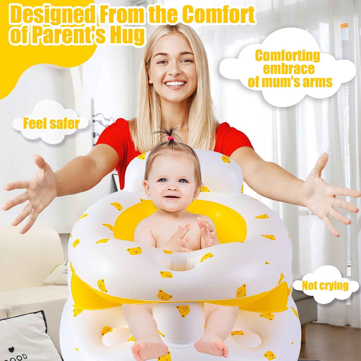 Upgraded Inflatable Baby Seat for 3-36 Months, Baby Chair Sit Me Up Floor Seat – Clip to Table Leg. No Tipping. + Front Guard Anti-Tip, Back Support for Infants Learning to Sit Up + Built-in Air Pump