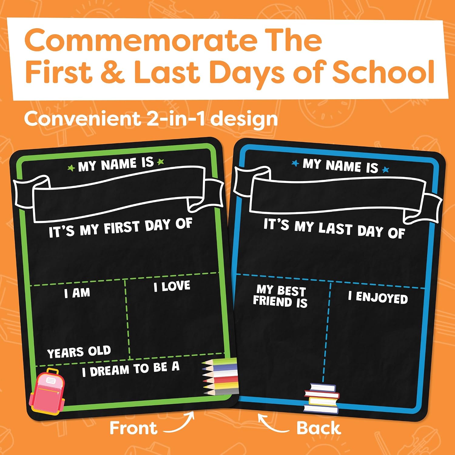 First Day of School Sign Board with Liquid Chalk Markers - 14”x11” Double-Sided & Reusable Board - My First and Last Day - Back to School Supplies - First Day of Kindergarten Preschool
