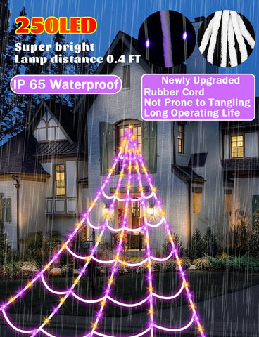 Spider Webs Halloween Decorations Lights - 250 LEDs Outdoor Halloween String Lights,8 Modes Remote Control 16.4Ft Spiderweb,Waterproof (Orange+Purple)