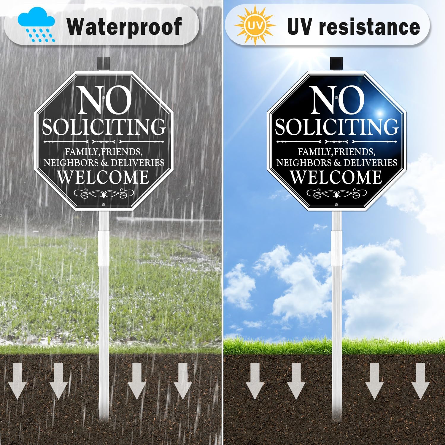 multiwins No Soliciting Sign For House, 11" x 27" No Soliciting Yard Sign With Stake, Metal No Soliciting Sign Perfect For Yard, Easy To Install (Welcome)