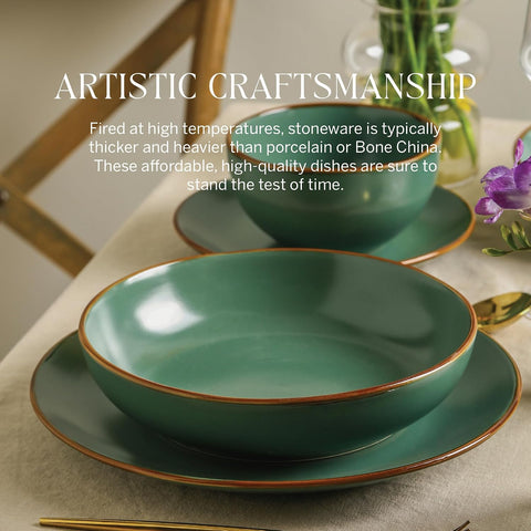 Stone Lain Brasa Modern Stoneware 16 Piece Dinnerware Sets, Plates and Bowls Sets, Dish Set for 4, Green